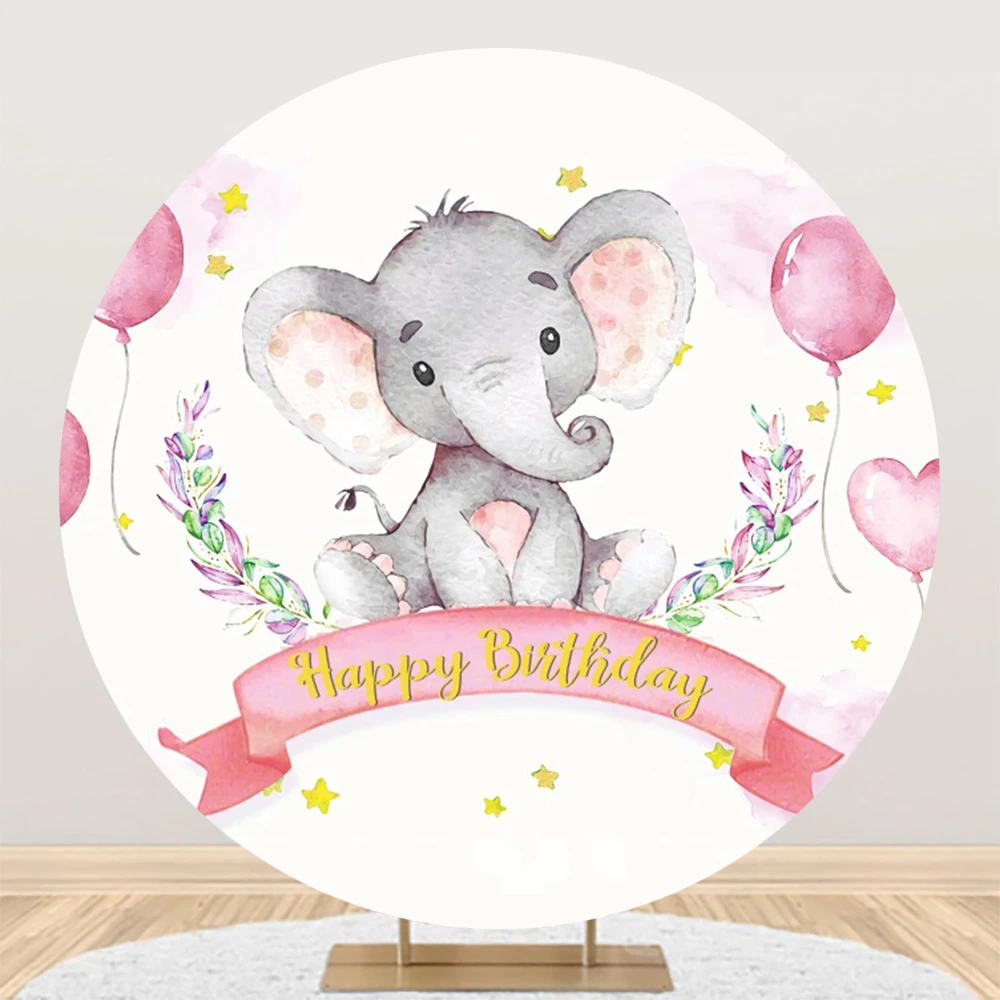 Elephant Baby Shower Round Backdrop Blue Pink Boy Girl Gender Reveal Birthday Party Photo Decor Background Photocall Props