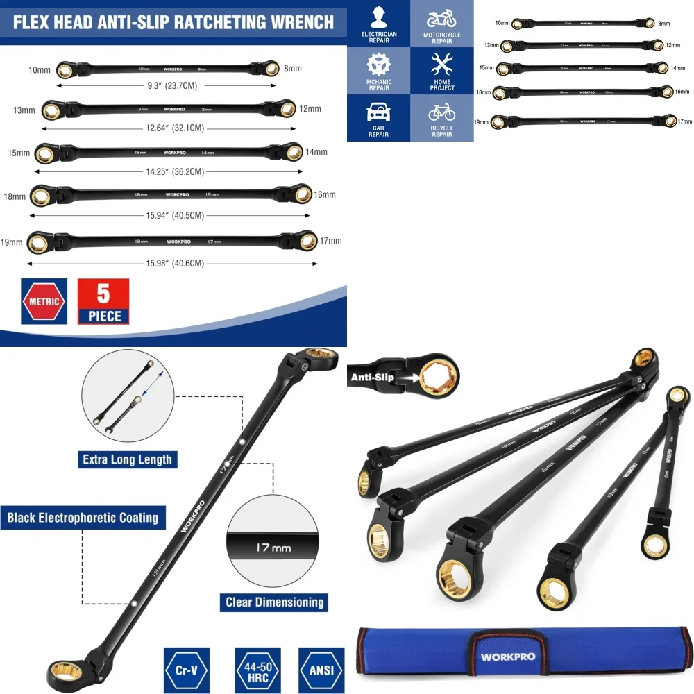 مجموعات أدوات يدوية مجموعة مفاتيح ربط مرنة طويلة للغاية 8-19 مم 72 سن CrV متري