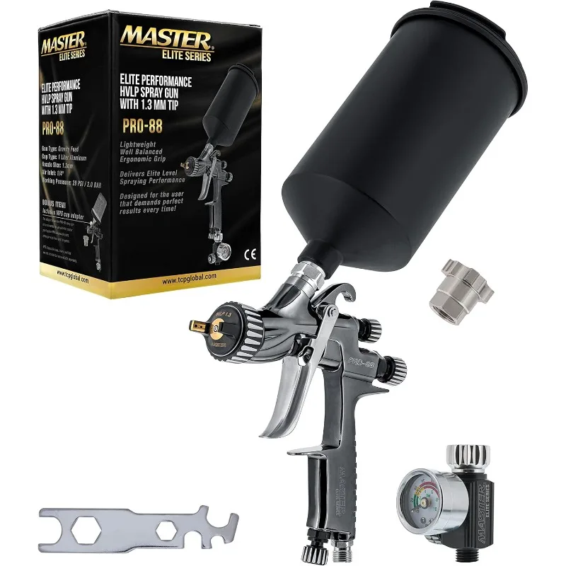 

Master Elite Performance PRO-88 Series HVLP Spray Gun with 1.3mm Tip with Air Pressure Regulator Gauge, MPS Cup Adapter