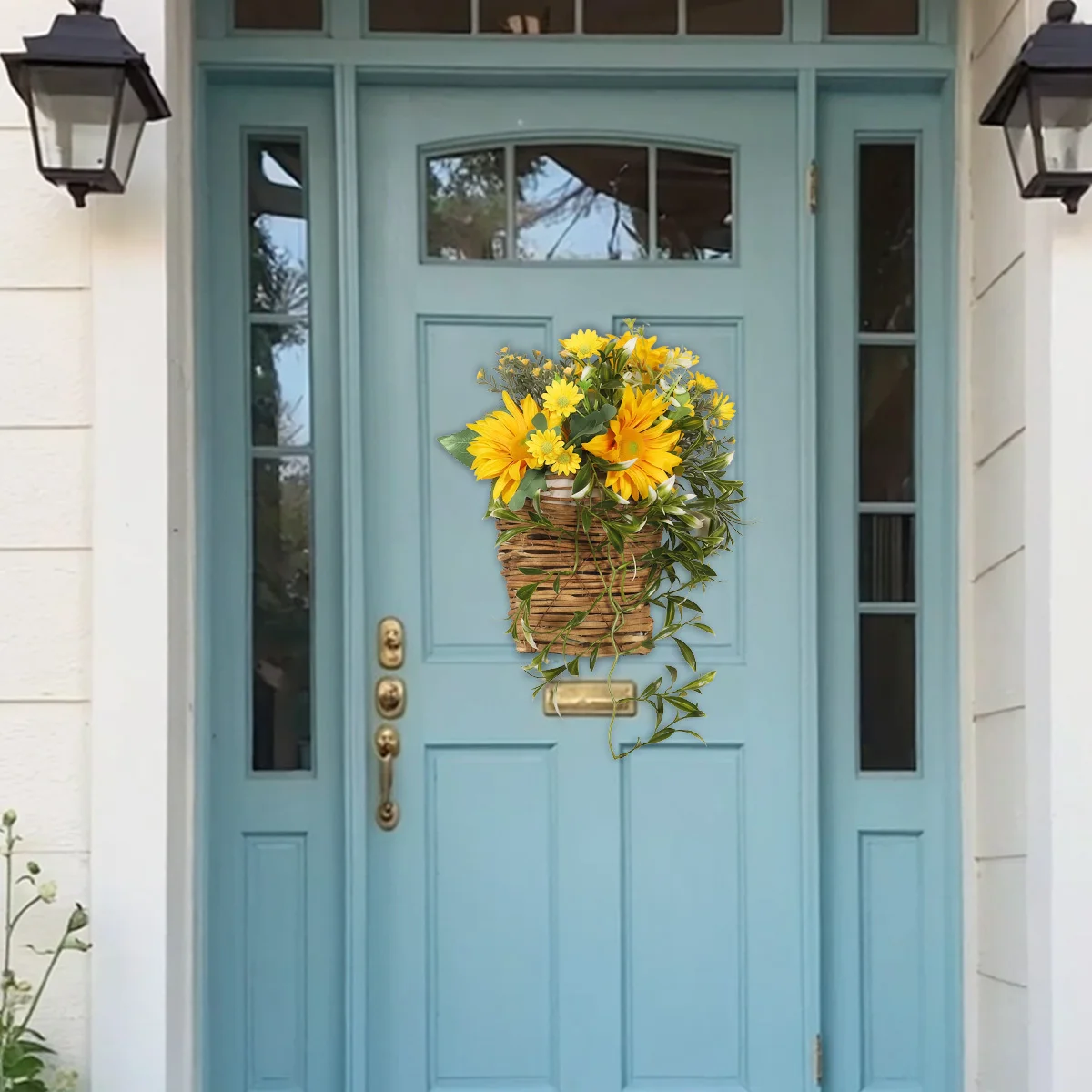 

Sunflower Door Hanger Basket Wreath 15.7 Inch Spring Summer Fake Daisy Wildflower Hanging Basket with Green Leaves for