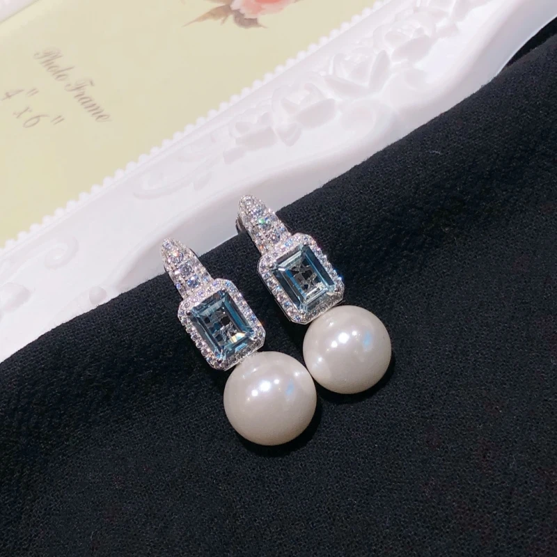 New 925 Sterling Silver Collocation 2.6 Carat Aquamarine Joins 12mm Pearl Women's Luxury Pendant Earrings