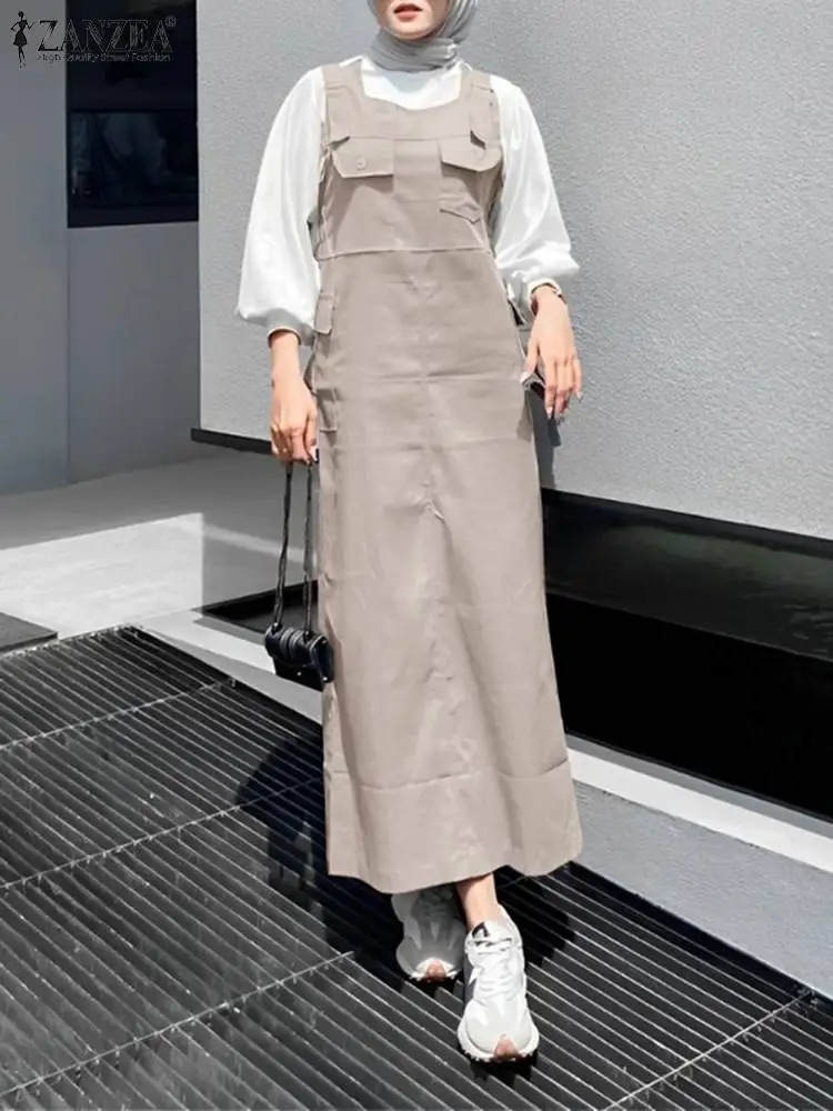 ZANZEA Street Fashion Suspender Dresses Women Muslim Islamic Casual Solid Color Cargo Vestidos Summer Daily Work Wear Midi Dress