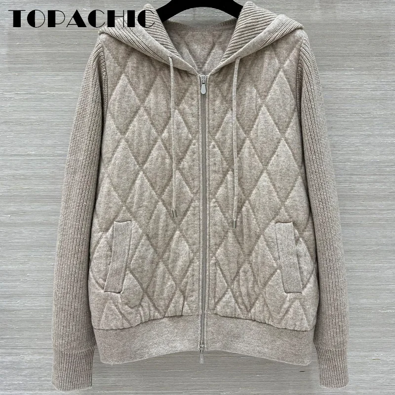 8.22 TOPACHIC Women Quilted Argyle Plaid Cashmere Hooded Jacket Fashion Casual Lace-up Long Sleeve Double Zipper Loose Outerwear