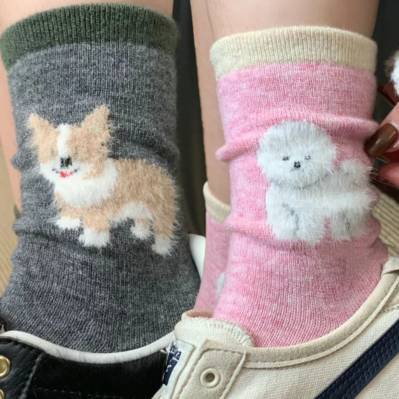 

Зима-Осень, плюшевые носки с рисунком собаки, уютные бархатные флокированные теплые носки средней длины, женские милые удобные носки с героями мультфильмов Kawaii