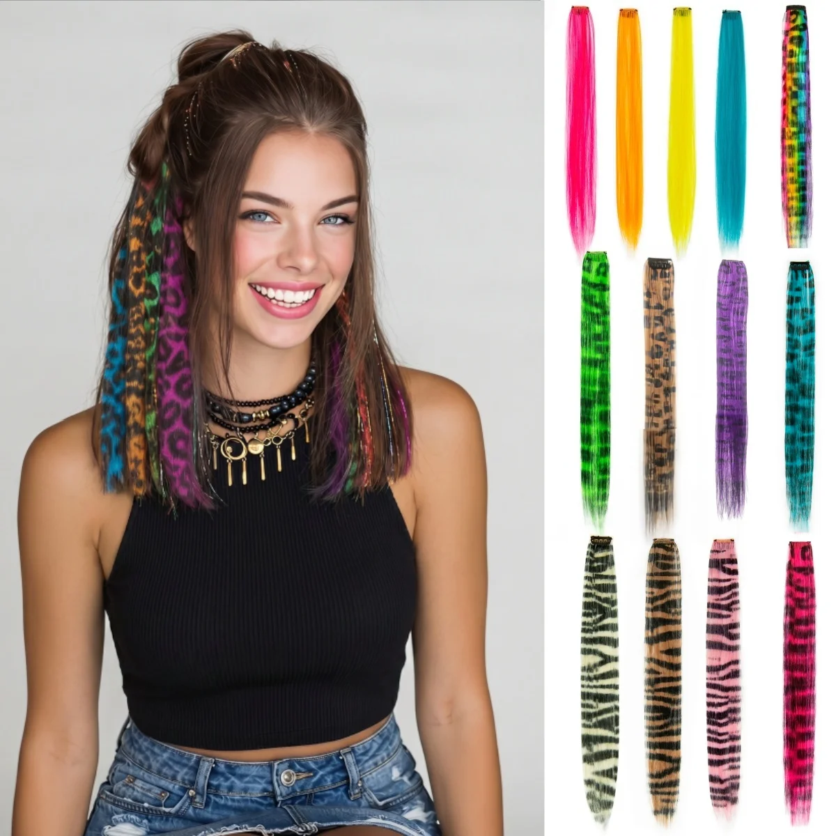 2pcs Set Colorful Hair Extensions Leopard-Zebra-Printed Clip-In Hair Piece Synthetic 12 Inch Football Fan Wig Accessory