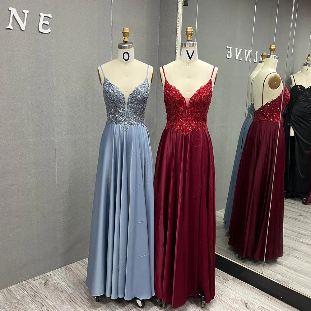 YQLNNE 2024 Wine Red Silk Satin Long Prom Dresses Spaghetti Beading Embroidered Formal Party Gown With Slit