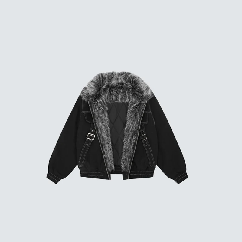 Retro Big Fur Collar Workwear Cotton Jacket For Men And Women Metal Buckle Design With Cotton Warm Jacket American Casual Jacket