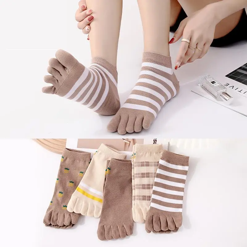 Five-finger Socks Cotton Women's Boat Socks Spring And Autumn Breathable Strip Ankle Strap