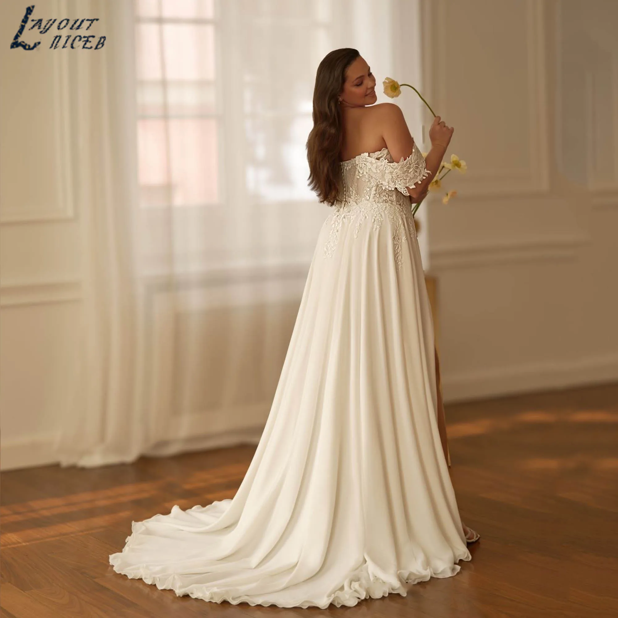 

Romantic Chiffon Bride Dress Off Shoulder Appliques Wedding Gowns 2025 Sweetheart Backless Plus Size vestido de novia Customized