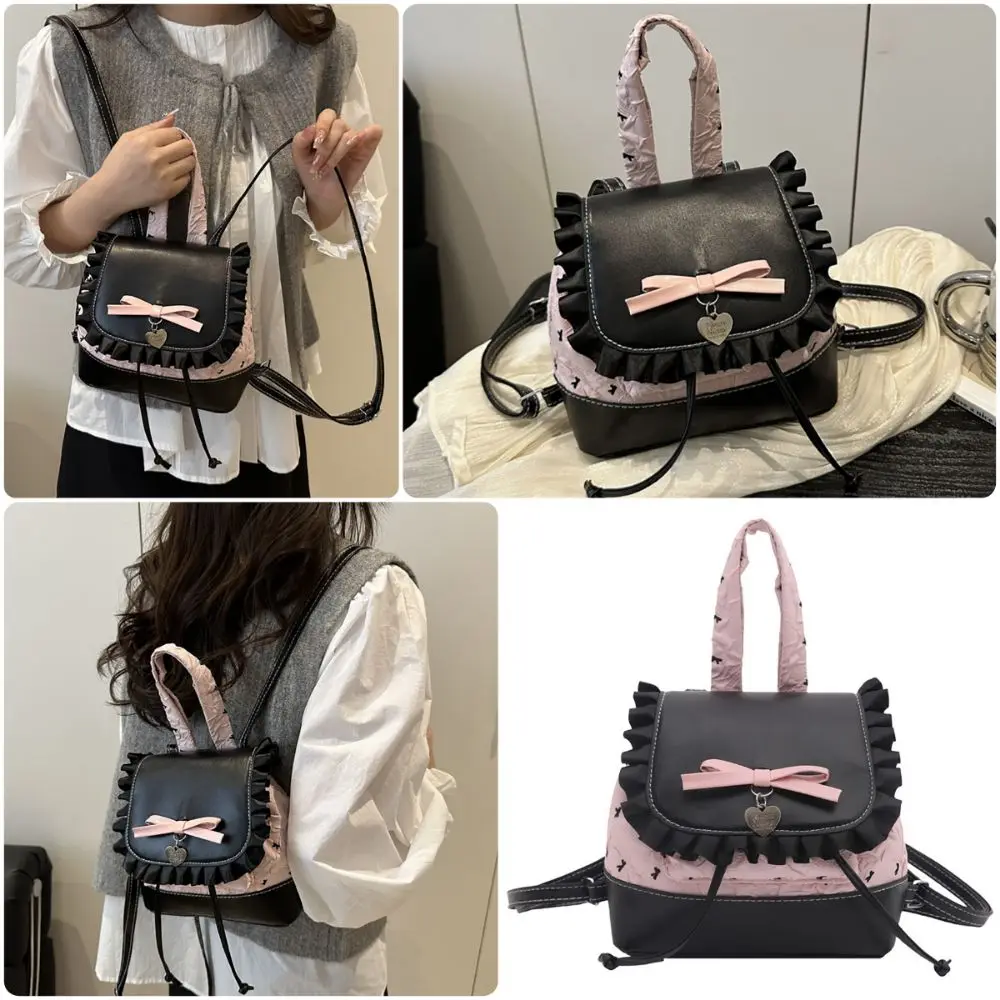 Vintage Black&pink Ballet Style Backpack Versatile Ruffled Bucket Bag Adjustable Belt Bowknot Pattern Lace Trim Backpack Commute