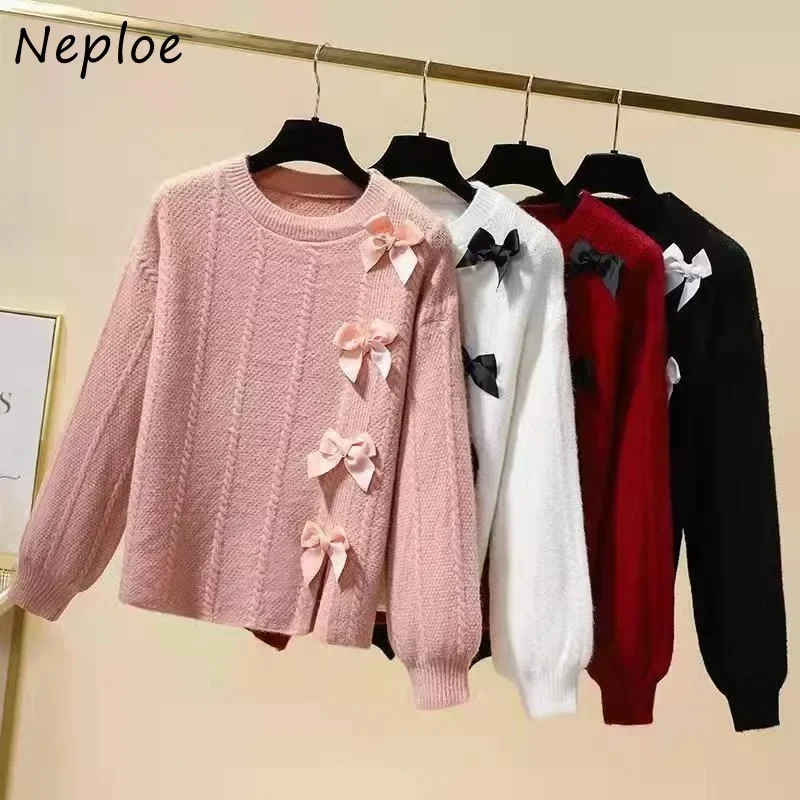 Neploe Elegant Sweet Bow Split Sweaters Mujer 2024 Autumn New O-neck Lazy Tops Women Y2k Long Sleeve Knitted Pullovers