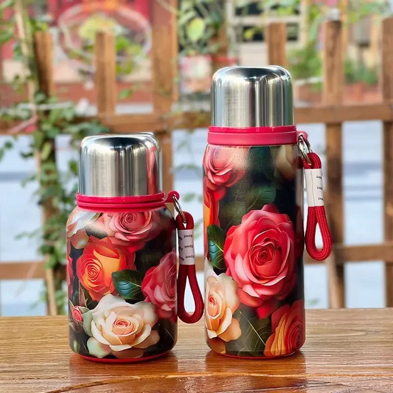 Retro and Bustling High-value Insulated Cup with Creative Rose Pattern Double-layer Water Cup Car Portable Drawstring Stew Cup