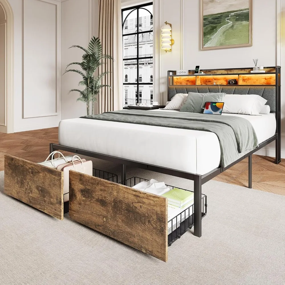 Full/Queen/King optional Bed Frames, Metal Bed Frames with Charging Station, LED Lights Bed Frames with Upholstered Storage