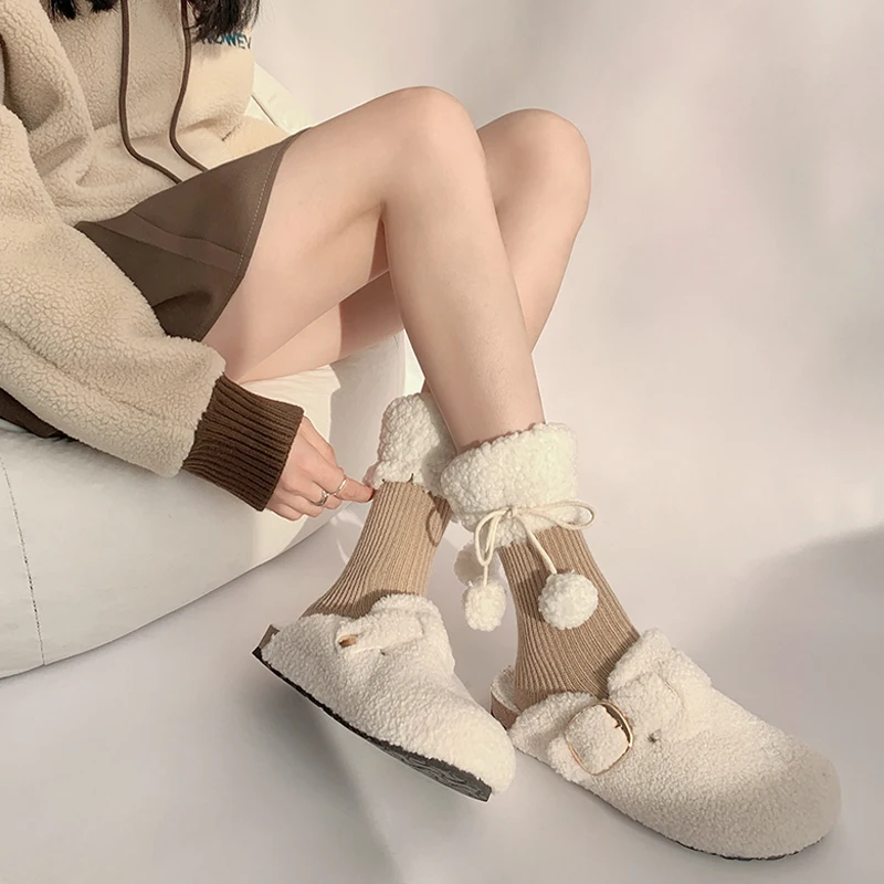 Tube Socks Women's Pure Color Plush Cute with Tassel Fur Ball Thickened Warm Leg Shaping Autumn  Winter Lambswool Simple Fashion