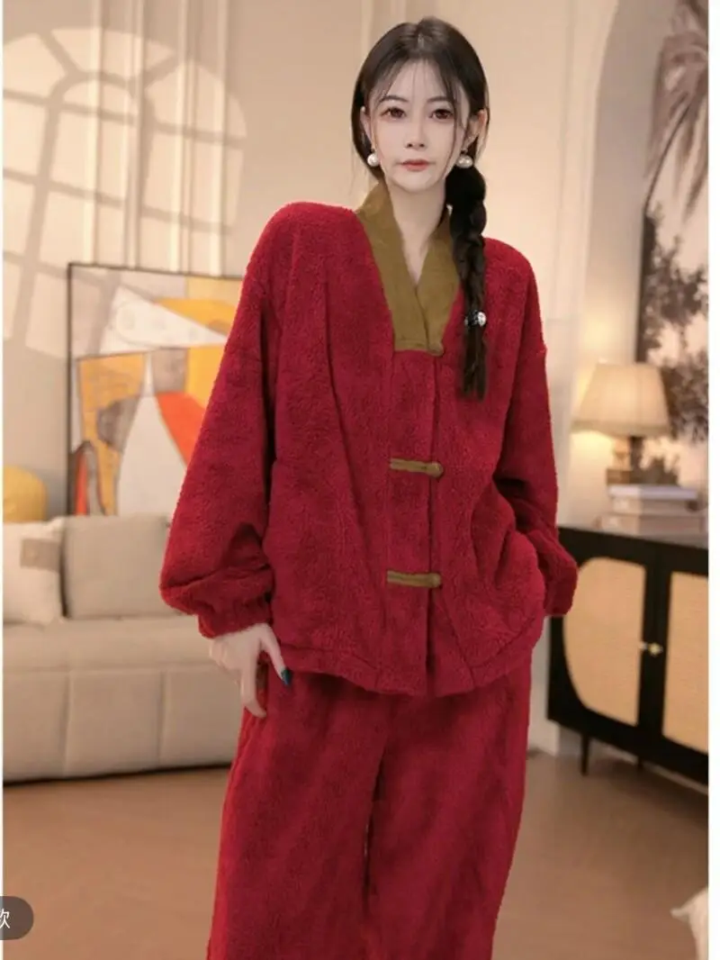 

New Chinese Style winter coral fleece pajamas Women's suit new model fleece-lined thicken minimalist homewear two-piece set ﻿