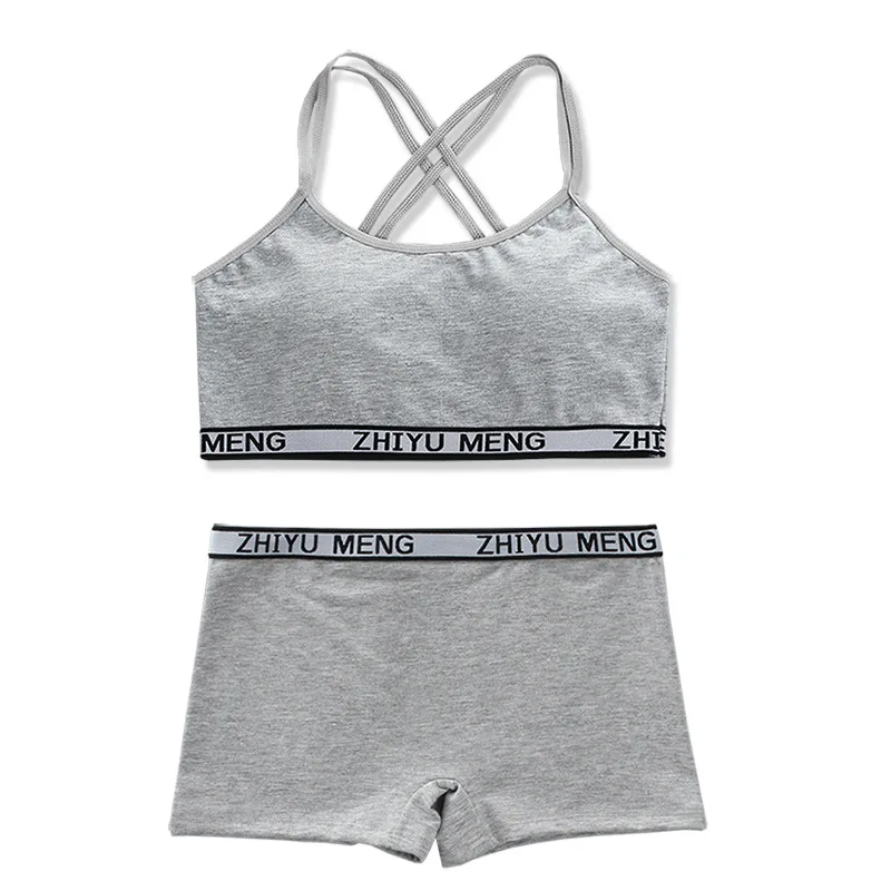 Teenager Girls Bra And Panties Set Casual Young Children Solid Cotton Padded Training Bra+Elastic Waist Brief Kids Underwear Set