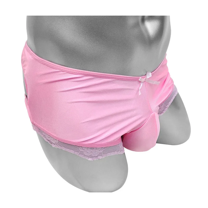 

Shiny Satin Sissy Pouch Panties With Floral Lace Patchwork Open Butt Mens Boxer Underwear Sexy Lingerie Night Wear