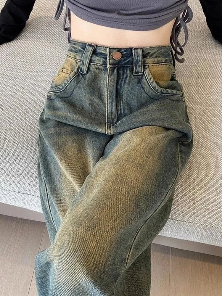 

Женские джинсы больших размеров свободного прямого кроя с высокой талией, винтажные американские широкие джинсовые брюки, осенне-зимние, облегающие...