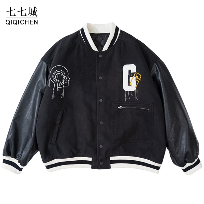 Hip Hop Baseball Jackets Men Embroidered Letters PU Leather Sleeve Splicing Varsity Jacket Women Oversize Thick Coat Winter Fall