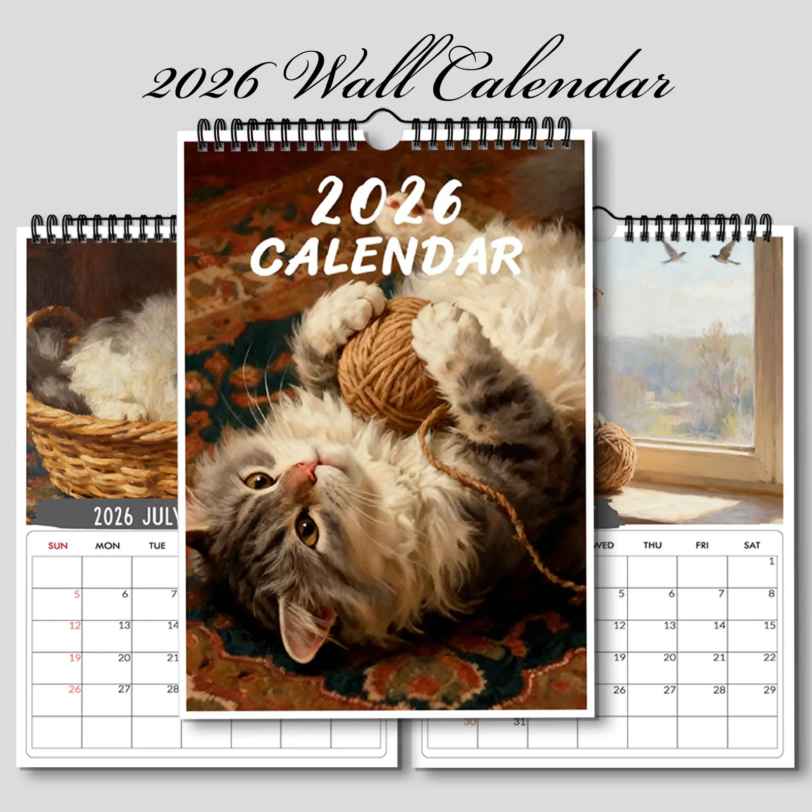 ปฏิทินแบบเกลียว 1 ชิ้น ปี 2026 ลายแมวเล่นกับลูกบอลไหมพรม เหมาะสำหรับวางบนโต๊ะในห้องนอนที่บ้าน ของขวัญที่อบอุ่นใจ เหมาะสำหรับมอบเป็นของขวัญในวันหยุด
