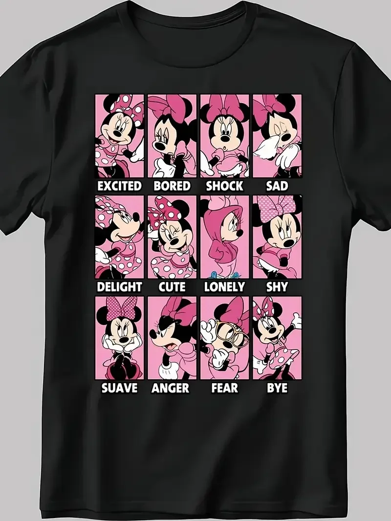 

2025 Disney Pattern Printed Women's Casual Comfortable Unique Smiling Face Black Round Neck Short Sleeve T-shirt