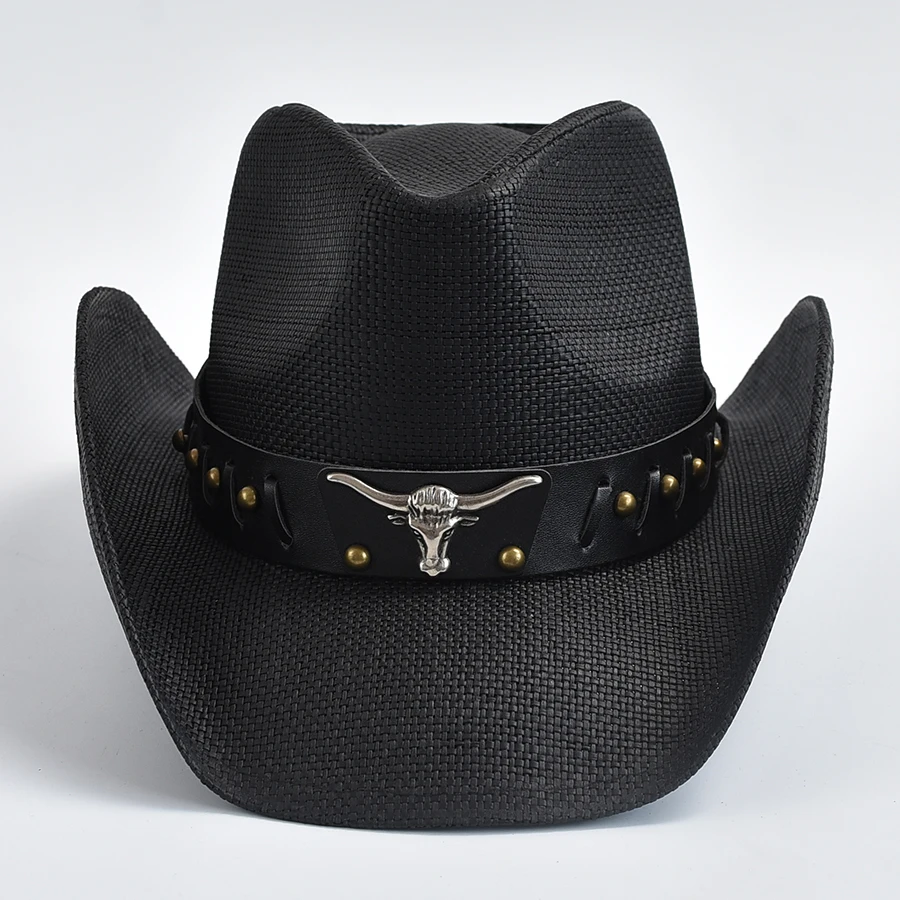 Thickened Straw Hat for Men\'s Curled Edge Vintage Western Cowboy Hat Summer Beach Sun Hat Sombrero Hombre