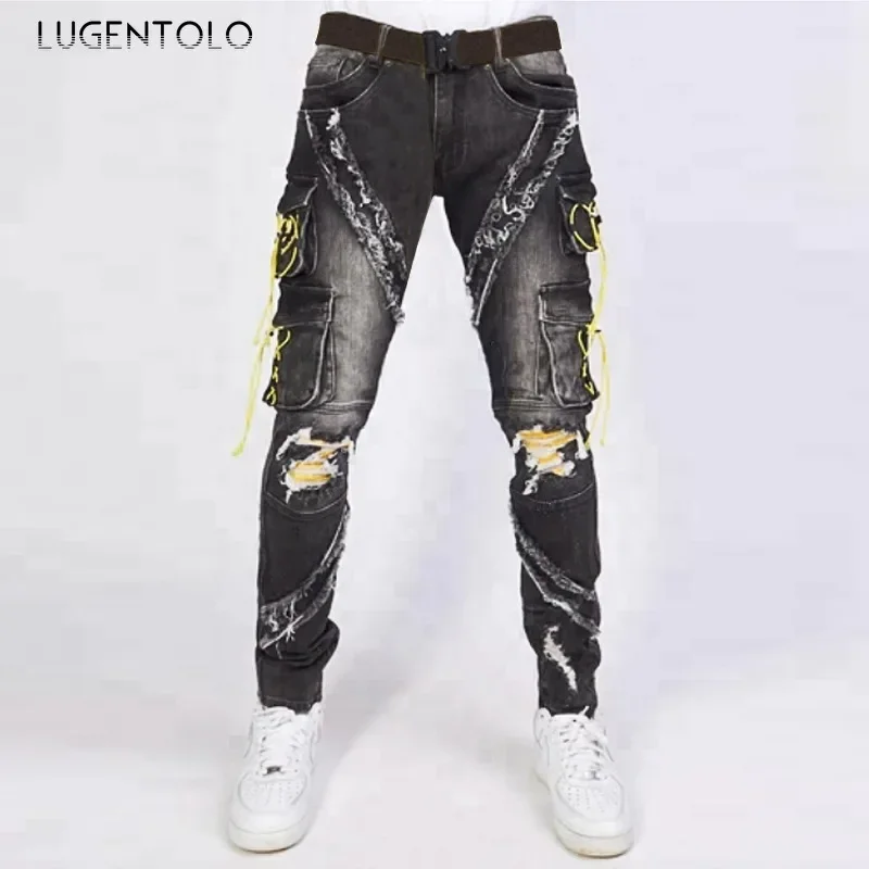 

vintage hole jeans Men new denim fashion Multi-pocket trend cargo trousers youth Straight leg casual street long jenas