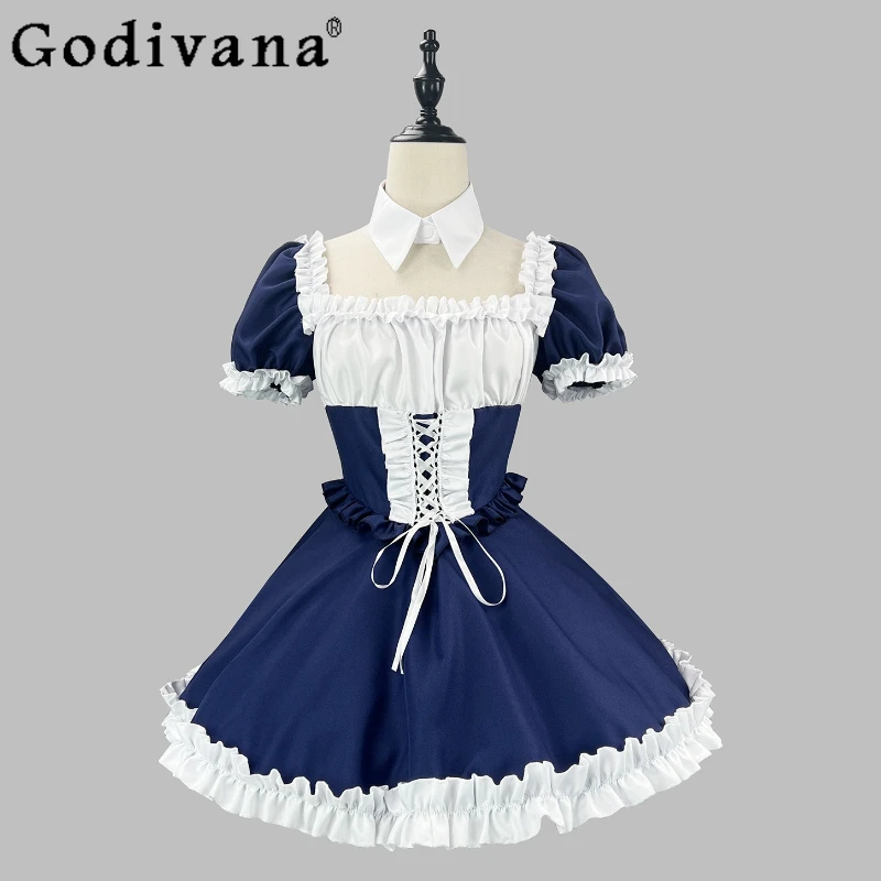 일본 고전 반팔 드레스 소녀 여름 메이드 귀여운 코스프레 의상 드레스 여성 할로윈 역할 놀이 드레스