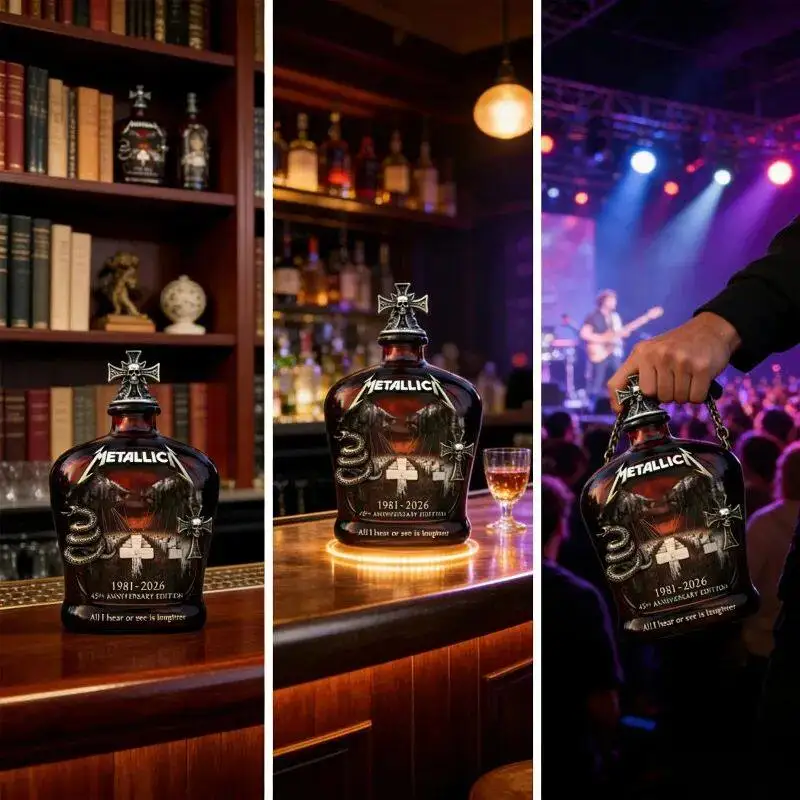 Metallica 45th Anniversary Limited Edition Whiskey Decanter - Rock Band Collectible Glass Bottle with Skull Cross Decor Gift