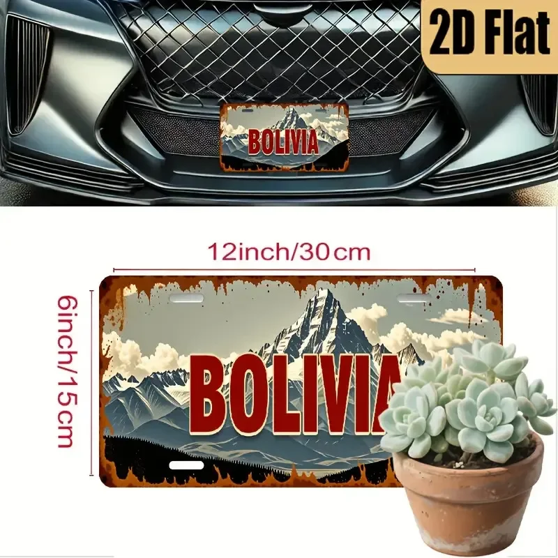 Vintage Bolivia Mountain Landscape License Plate 2D Flat Aluminum Tin Sign Wall Art Decor for Garage Bar Man Cave and Car Front