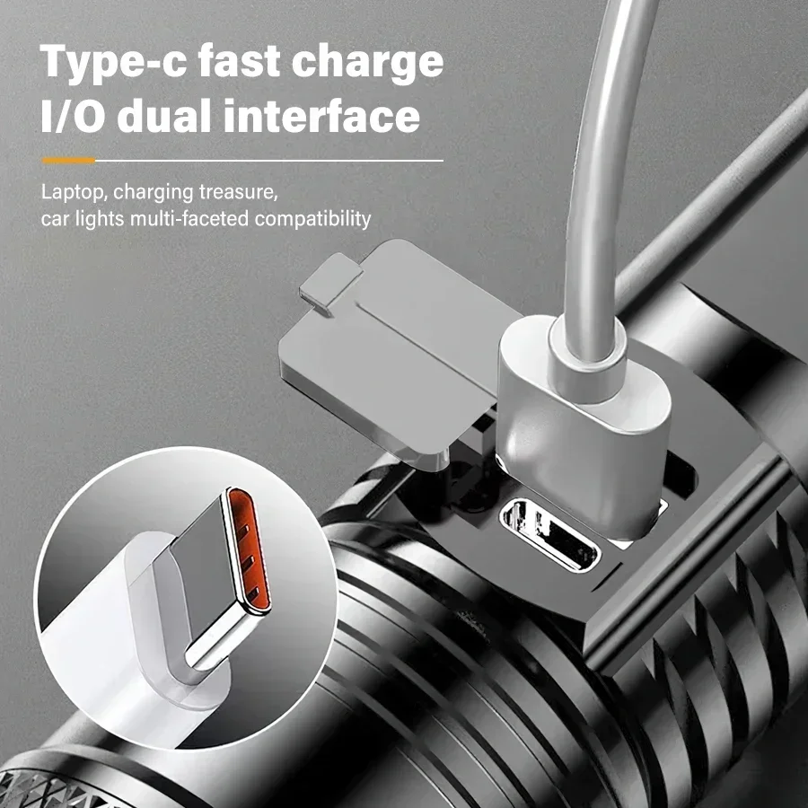 High Strong Power Led Flashlights 2000LM Tactical USB Charging Camping Emergency Fishing Zoom Lantern Torch with Display Light