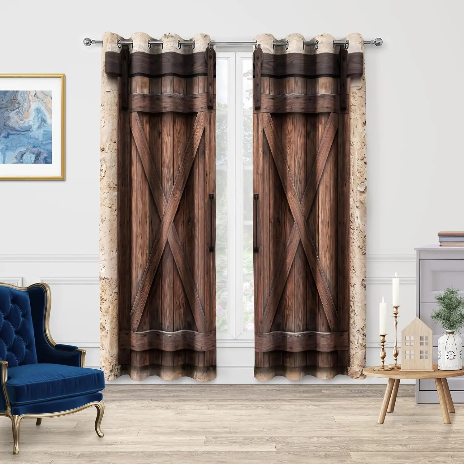 Rustic Farmhouse Barn Door Style Curtain Backdrop Weathered Wood Double Sliding Panel Wall Decor for Living Room Bedroom Industr