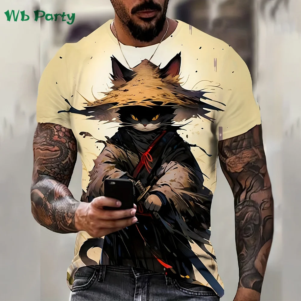 Camiseta con estampado de gato samurái para hombre, camisetas con gráficos de animales divertidos, ropa con cuello redondo 3D para hombre, camisetas de estilo Anime japonés para hombre