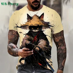 Samurai Cat Printed T shirt Men Funny Animal Graphic T shirts 3D O-Neck Men's Clothing Japanese Anime Style T-shirts for Men Top