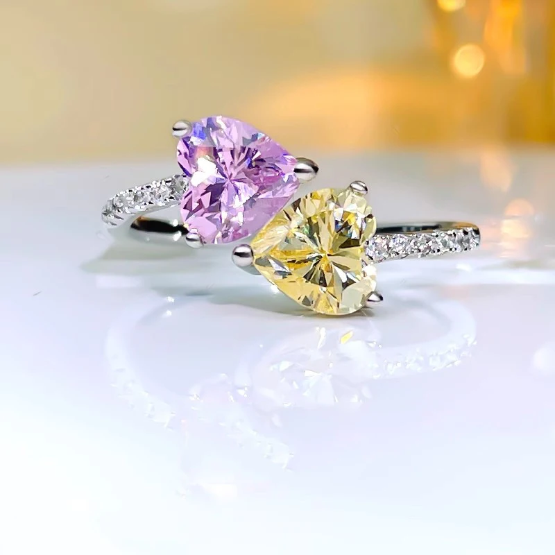 2026 Hip-Hop Style Jewelry - Pink Diamond Heart-shaped Sterling Silver Ring - Adjustable - Women's Engagement and Proposal Jewel