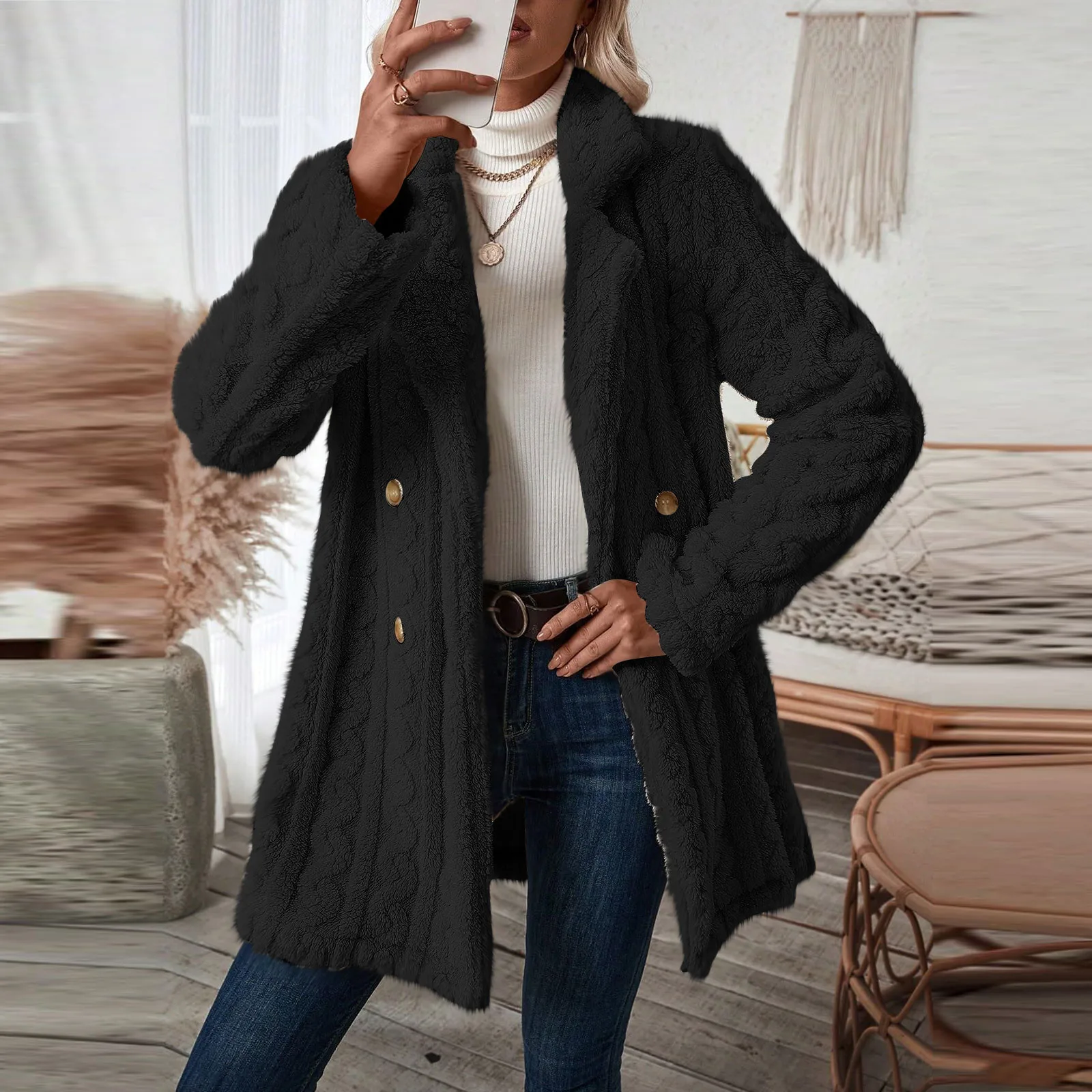 المرأة مزدوجة الصدر سترات منتفخ ، معطف أفخم ، معاطف التلبيب عادية ، كم طويل ، أحادية اللون ، أنيق ، مستقيم ، الشتاء