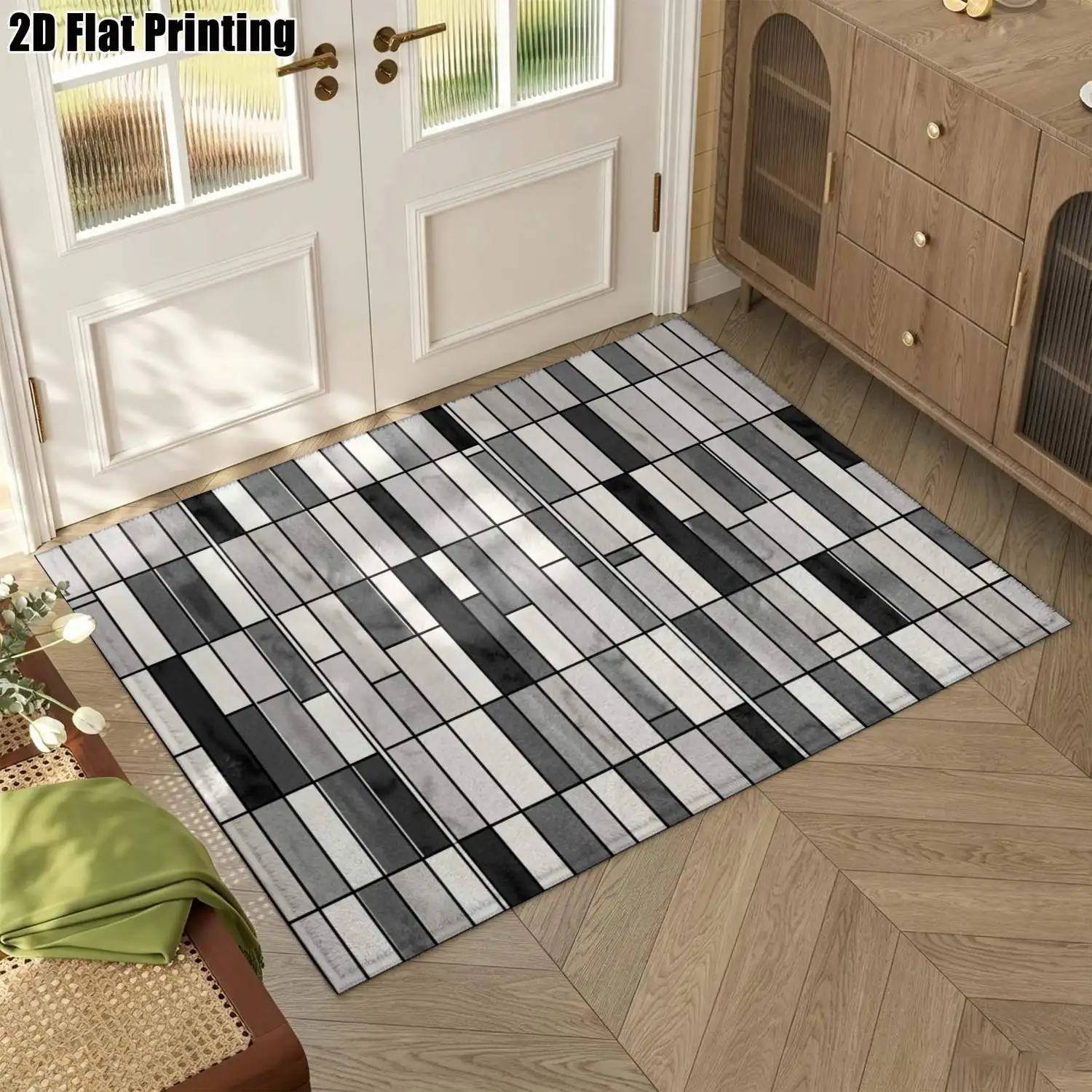 1Pc 2D Printed Geometric Stripe Carpet, Black White Gray Modern Simple Instagram Style Floor Mat, Washable for Home Decor, Multi-Size, Suitable for Entryway Dining Room Living Room Bedroom