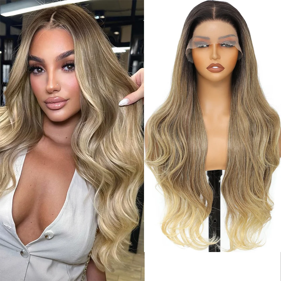 

30 Inches 13x4 Ombre Blonde Transparent Lace Front Wig Synthetic Hair Wig 180% Density 13x4 Body Wave Lace Front Wigs For Women