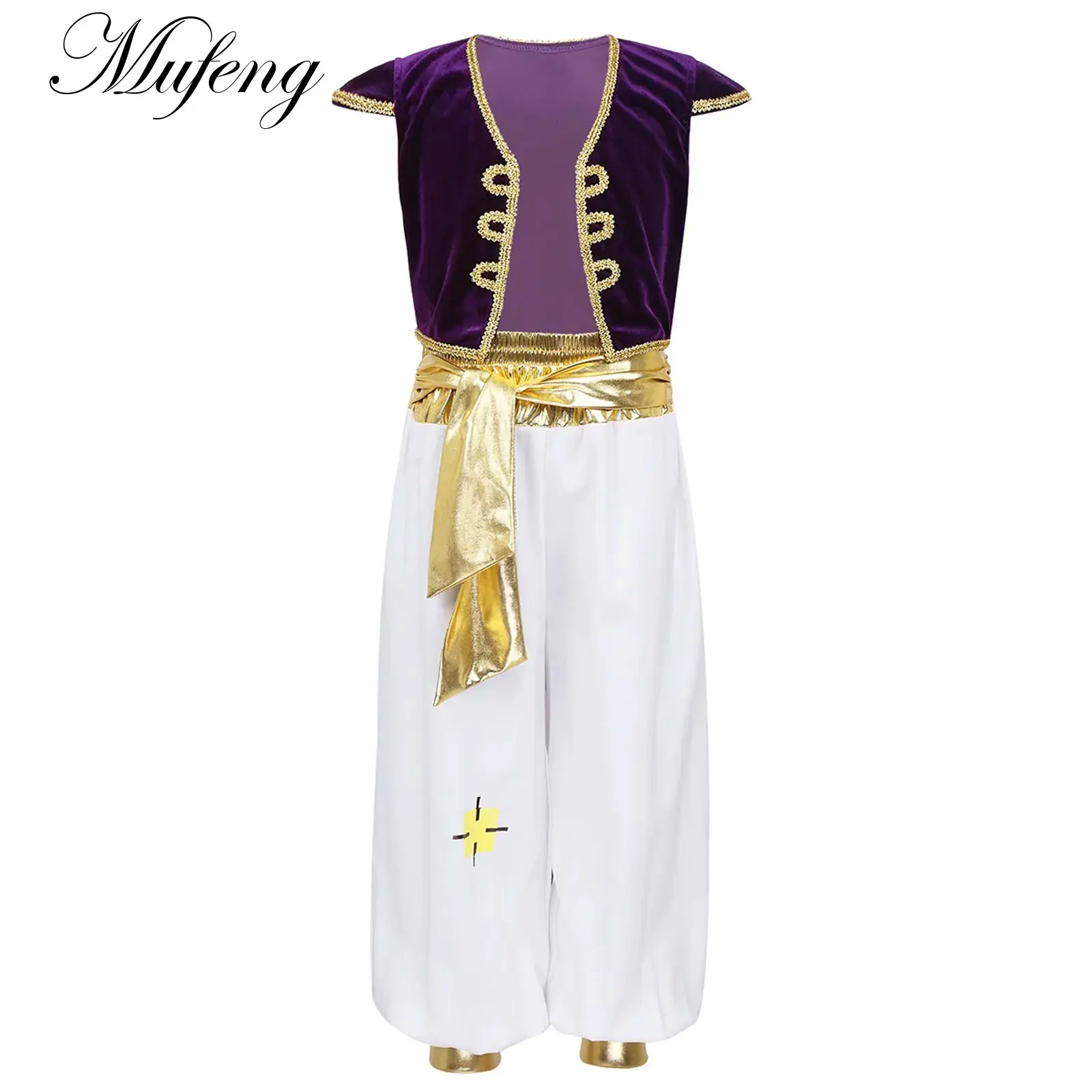 Kid Boy Aladin Prince Lamp Cosplay Costumes Arabian Sleeves Vest Waistcoat with Pants Set for Teen Halloween Parties Dress Up