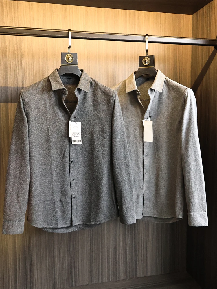 

High-End Wool Blend Long Sve irt Men's Busin Casual Breathable Double-Faced Fluffy Skin-Friendly Stand Fit Cotton