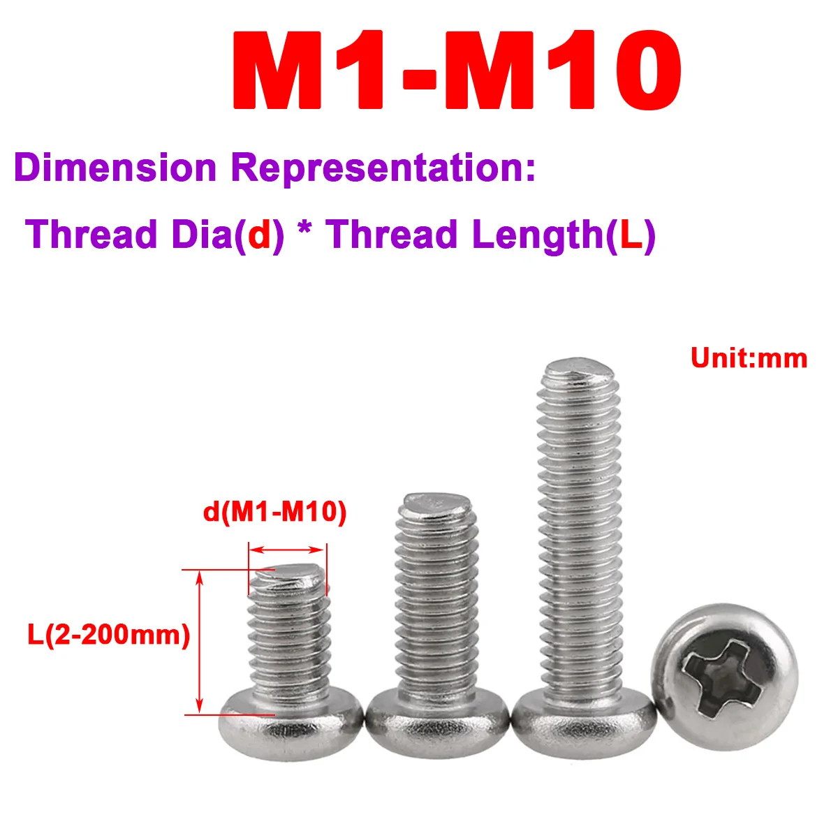 304 Stainless Steel Cross Round Head Bolt Pan Head Flat Tail Machine Tooth Electronic Small Screw M5M6M8M10