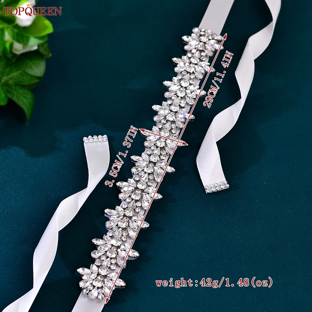 TOPQUEEN حزام زفاف مخيط يدويًا مناسب للارتداء اليومي إكسسوار زفاف فضي حجر الراين فستان زهري وشاح S269