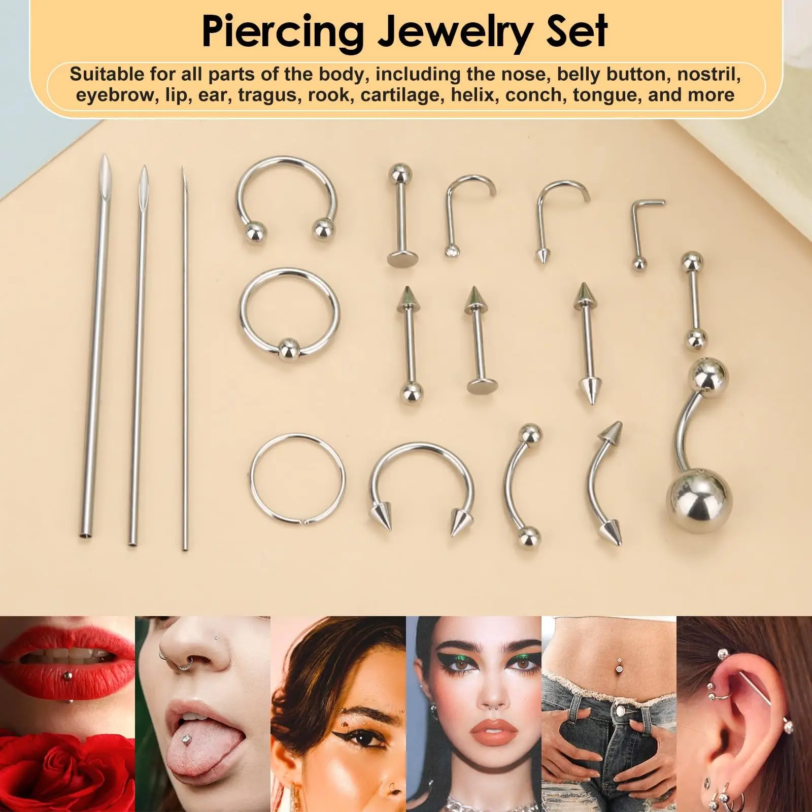 Professional Piercing Kit 14G 16G 20G Mixed Piercing Needles Set with Jewelry Clamps Gloves Alcohol Pads for Body Piercing