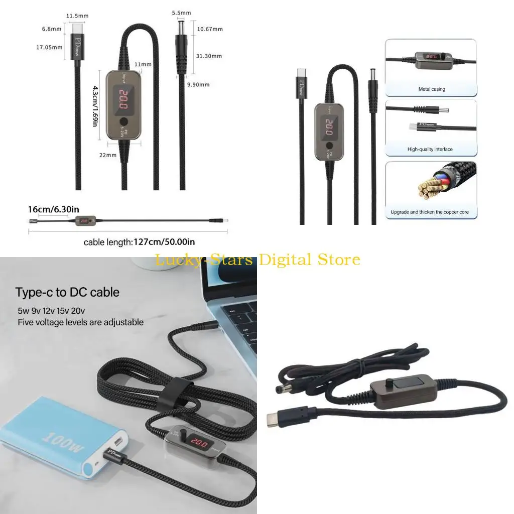 

T3EE PD100W USB C TO DC5525 Круд быстрой зарядки 5 В 9 В 12 В 15 В 20 В 5a Регулируемый кабель питания с несколькими адаптерами