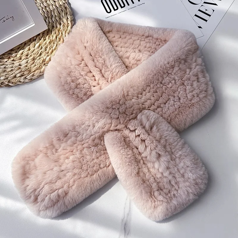 وشاح شتوي محبوك للجنسين مع فرو أرنب ريكس حقيقي للرجال والنساء برقبة دافئة كاتم صوت من الفرو الأصلي