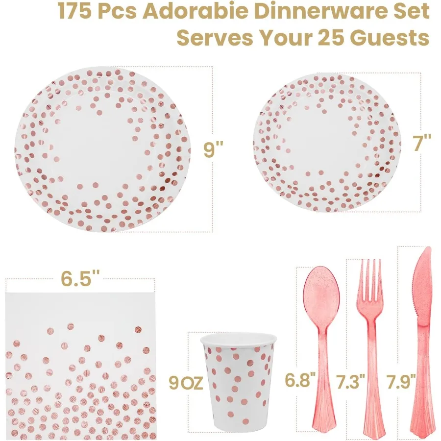 175Pcs White Rose Gold Paper Plates Dinnerware Sets for 25 Guests Party Supplies Disposable Paper Party Plates Napkins Cups Pla