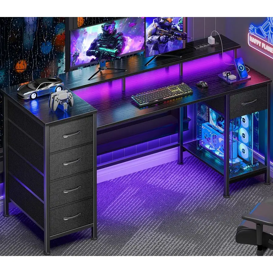 

55 Inch Computer Gaming Desk with Power Outlets LED Lights Reversible Home Office with Adjustable Fabric Storage Drawers