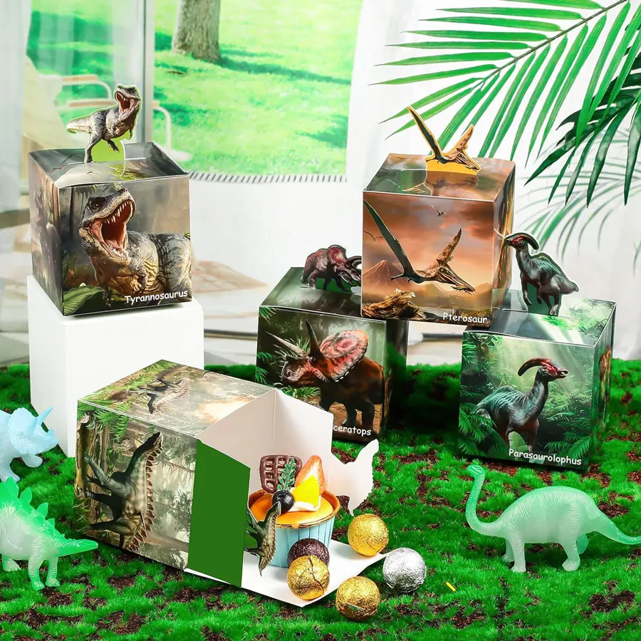 12/36Pcs Dinosaur Treat Boxes Dinosaur Theme Birthday Gift Box Tropical Jungle Party Cardboard Box Dinosaur Party Decor Supplies