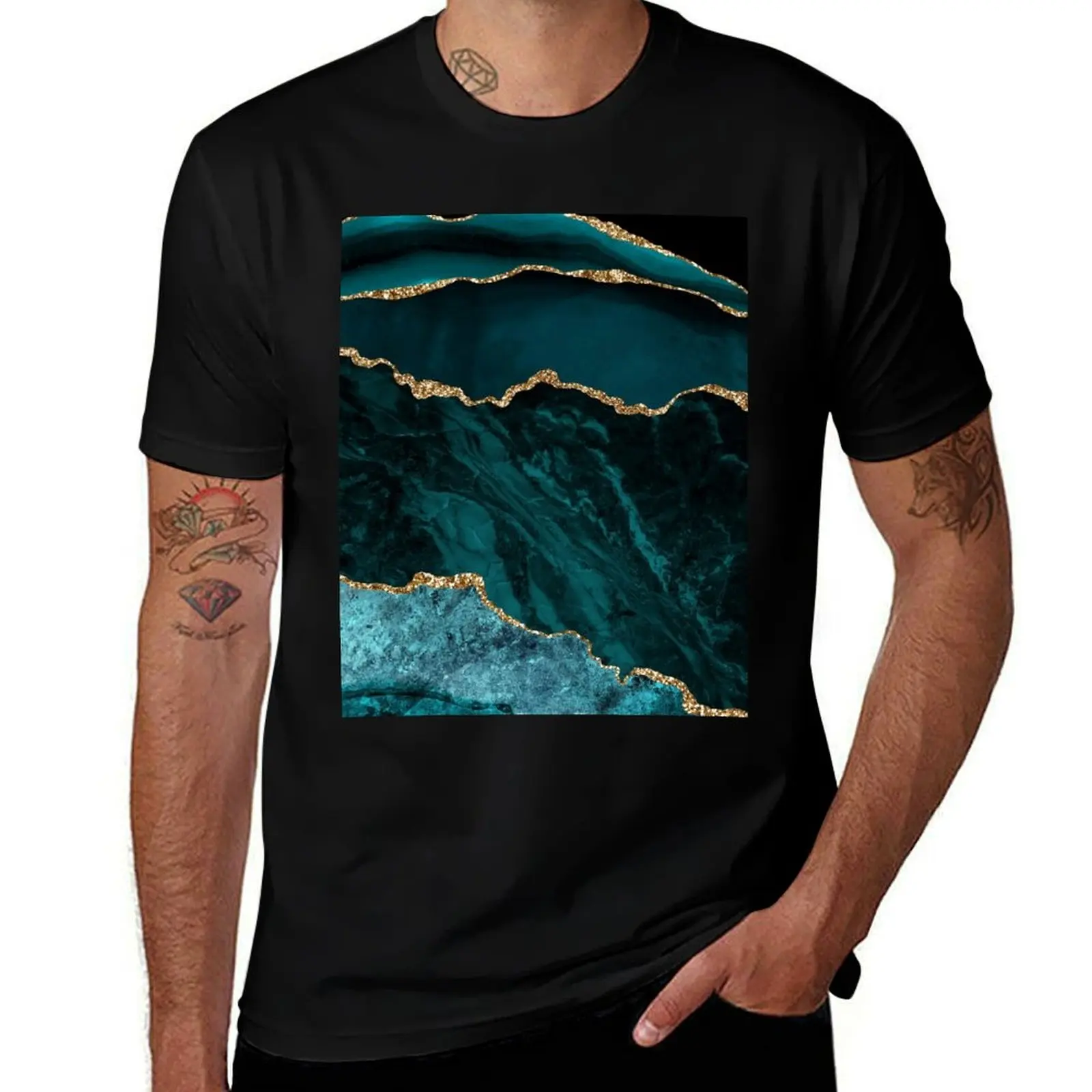 Amazing Blue and Teal Faux Malachite Marble T-Shirt cotton t shirts high quality T-Shirt