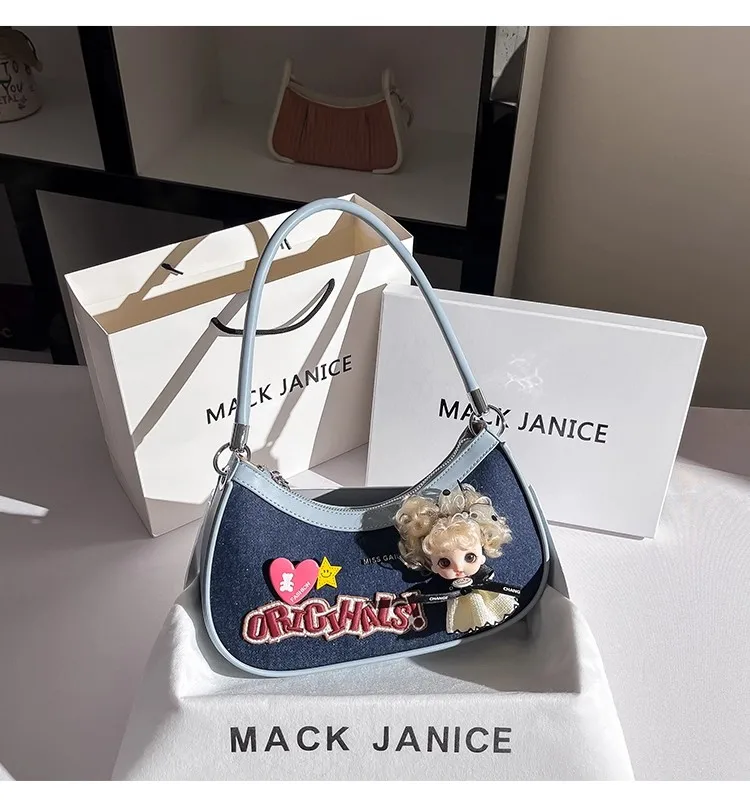 

Fashion Blue Denim Cute Doll Moon Bag High Quality Women Handbag Luxury Textured Clutch Purse Female Casual Bag Shoulder Bag